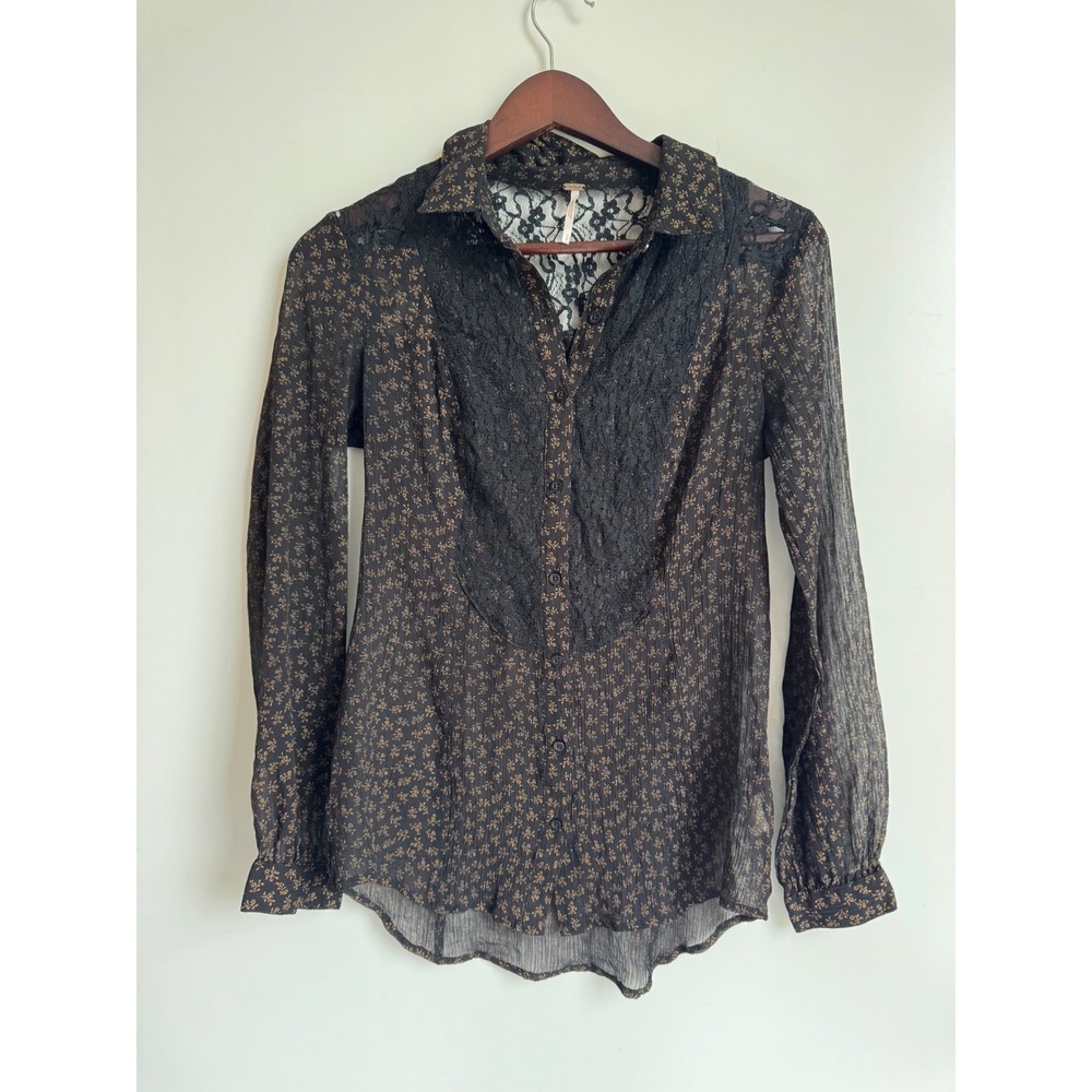 Free People Black Floral Lace Trim Sheer Button Down Blouse Top boho Small indie